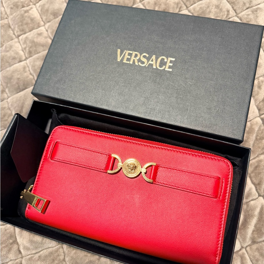 Versace Bold Red Wallet with Gold Accents